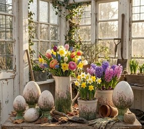 Béžové antik keramické vajíčko s kvetmi Rustic Flower XL - Ø 17*28 cm