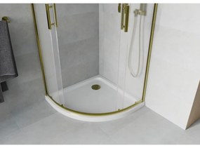 Mexen Rio, štvrťkruhový sprchovací kút s posuvnými dverami 80(dvere) x 80(dvere) x 190 cm, 6mm sklo námraza, zlatý profil + biela sprchová vanička SLIM, 863-080-080-50-30-4110G