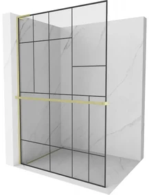 Mexen Kioto+ L, sprchová zástena Walk-In s poličkou a vešiakom 90 x 200 cm, 8mm číre sklo čierny vzor, zlatý matný profil, 800-090-123-55-78