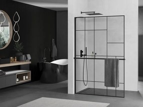 Mexen Kioto+ L, sprchová zástena Walk-In s poličkou a vešiakom 110 x 200 cm, 8mm číre sklo čierny vzor, čierny profil, 800-110-123-70-78