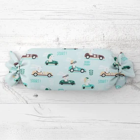 Biante Detský vankúš valec bonbon Sandra SA-375 Zajačie automobilové preteky na mintovom 15x40 cm