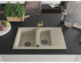Mexen Gaspar, 1,5-komorový granitový drez 737x475x177 mm a drezová batéria Flora, béžová, 6507-69-670401-57-B