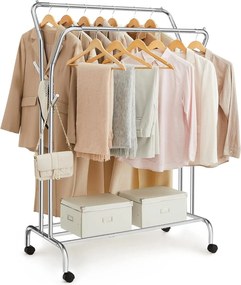 Stojan na šaty, s dvojitou tyčou a policou, kovový, strieborná farba