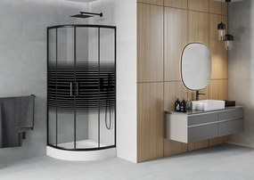 Mexen Rio, štvrťkruhový sprchovací kút s posuvnými dverami 80(dvere) x 80(dvere) x 190 cm, 6mm číre sklo s pásikmi, čierny profil + biela sprchová vanička RIO, 863-080-080-70-20-4710
