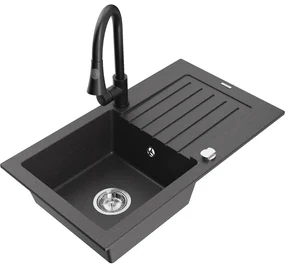 Mexen Pablo, 1-komorový granitový drez 752x436x161 mm a drezová batéria Elia, čierna škvrnitá, 6510-76-670101-70