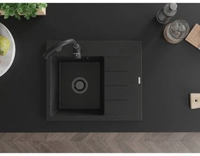 Mexen Ben, 1-komorový granitový drez 600x500x190 mm, ľavý + čierny sifón, čierna-strieborná metalíza, 6522605000-73-B