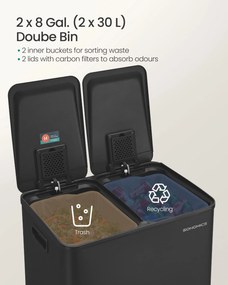 SONGMICS 60L Kuchynský kôš (2x30L), mäkké zatváranie, čierny