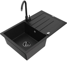 Mexen Bruno, 1-komorový granitový drez s odkvapkávačom 795x495x200 mm a čierna kuchynská batéria Telma, čierna, 6513-77-670200-70-B