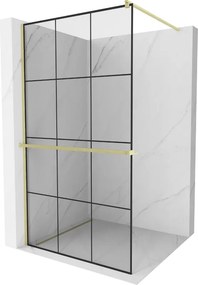 Mexen Kioto+, sprchová zástena Walk-In s poličkou a vešiakom 100 x 200 cm, 8mm číre sklo čierny vzor, zlatý matný profil, 800-100-121-55-77