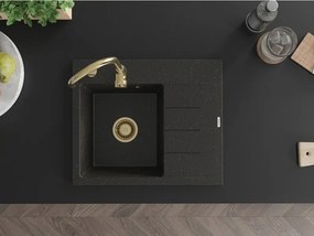 Mexen Ben, 1-komorový granitový drez 600x500x190 mm, ľavý + zlatý sifón, čierna-zlatá metalíza, 6522605000-75-G