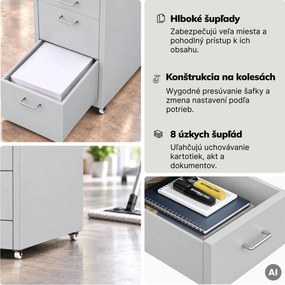 Kartotéková skrinka na kolieskach, kovová, 8 zásuviek, na dokumenty, sivá, 300x1100x600 mm: SARA V8