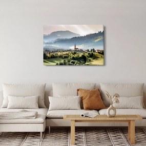 Obraz - dedinka v hmle (90x60 cm)