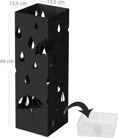 Kovový držiak na dáždniky, štvorcový s háčikmi a odkvapkávačom, čierny
