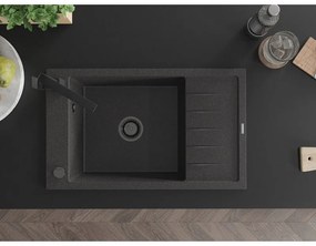 Mexen Elias, granitový drez granitový 795x480x200 mm, 1-komorový, čierna škvrnitá s čiernym sifónom a čierna drezová batéria Rita, 6511-76-670300-70-B