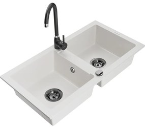 Mexen Mario, 2-komorový granitový drez 820x436x161 mm a čierna drezová batéria Telma, biela, 6504-20-670200-70