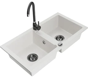 Mexen Mario, 2-komorový granitový drez 820x436x161 mm a čierna drezová batéria Telma, biela, 6504-20-670200-70