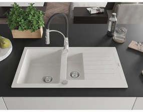 Mexen Matias, granitový drez 900x505x200 mm, 1,5-komorový a drezová batéria Aster, biela, 6502-20-73450-07