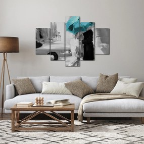 Obraz - Zamilovaný pár s dáždnikom, modrý (150x105 cm)