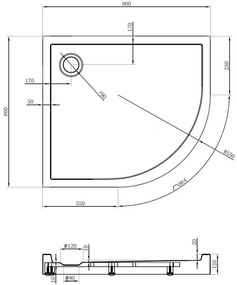 Mexen Flow+, štvrťkruhová asymetrická sprchová vanička, ľavá, 90 x 80 cm, čierna matná, 46Q708090LH