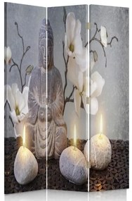 Ozdobný paraván Buddha šedé květiny kámen - 110x170 cm, trojdielny, klasický paraván