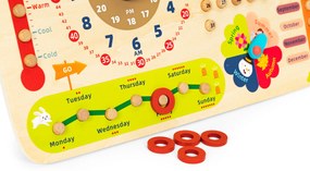 Drevená manipulačná doska pre deti, kalendár s hodinami, ECOTOYS