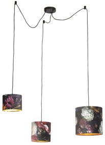 Závesná lampa s 3 zamatovými odtieňmi kvetov so zlatou farbou - Cava