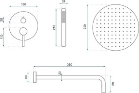 Rea Lungo, sprchový set pod omietku s dažďovou hlavovou a ručnou sprchou, medená matná, REA-P8809