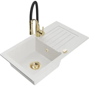 Mexen Pablo, 1-komorový granitový drez 752x436x161 mm a drezová batéria Aster, biela, 6510-20-73450-57-G