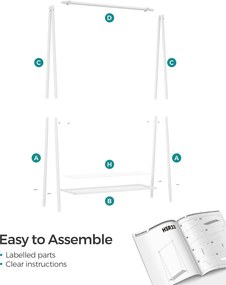 Stojan na oblečenie s oceľovým rámom, s policou, 33,5 x 92,5 x 153 cm, biely