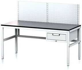 Alfa 3 Nastaviteľný dielenský stôl MECHANIC II s perfopanelom, 1 zásuvkový box na náradie, 1600x700x745-985 mm, sivá/sivá