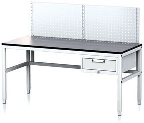 Alfa 3 Nastaviteľný dielenský stôl MECHANIC II s perfopanelom, 1 zásuvkový box na náradie, 1600x700x745-985 mm, sivá/sivá