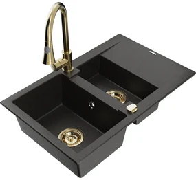 Mexen Gaspar, 1,5-komorový granitový drez 737x475x177 mm a drezová batéria Elia, čierna-zlatá metalíza, 6507-75-670101-50
