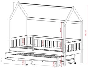 Detská domčeková posteľ s prístelkou a šuplíky MATYLDA - 200x90 cm - prírodná borovica