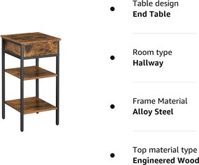 Nočný stolík, vysoký príručný stolík, s 1 zásuvkou a 2 policami, rustikálny hnedý