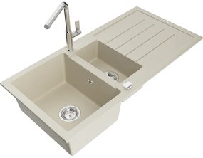 Mexen Andres, 1,5-komorový granitový drez 1000x500x200 mm a drezová batéria Flora, béžová, 6515-69-670401-00
