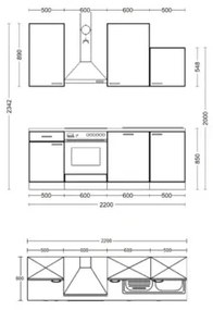 Kuchynská linka so spotrebičmi Cara 220 cm farba čela zelená dub matná farba korpusu dub