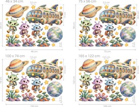 Vesmírny autobus a malí ufóni veselé akvarelové nálepky na stenu do detskej izby hárok 46 x 34 cm