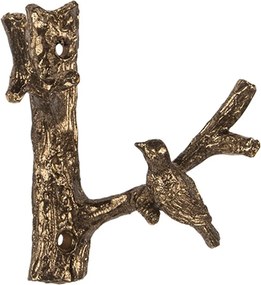 Zlatý antik nástenný kovový vešiak s vtáčikom - 9*5*9 cm