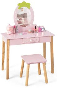 Drevená súprava na líčenie pre deti 2 v 1 v tvare jahôd s taburetom, zrkadlom a zásuvkou