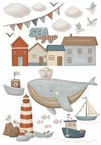 Gario Detská nálepka na stenu Sea voyage - veľryba, loďky a domčeky