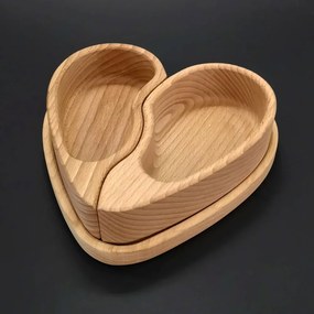 AMADEA Drevená miska v tvare deleného srdca s podnosom v tvare srdca, masívne drevo, 19,6x18,6x2 cm