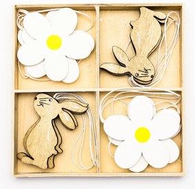 DECOLED Veľkonočná drevená dekorácia, kvetina a zajac, 12 ks/balenie.