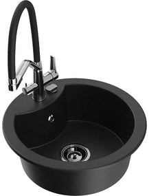 Mexen Diego, 1-komorový granitový drez 488x488x167 mm a drezová batéria Duo, čierna, 6512-77-671701-07-B