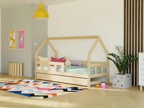 Detská posteľ domček FENCE 2v1 z dreva so zábranou a úložným šuplíkom