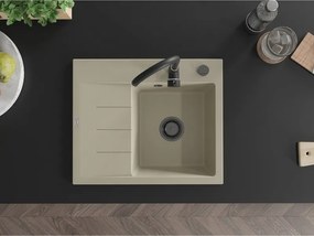 Mexen Ben, 1-komorový granitový drez 600x500x190 mm, pravý + čierny sifón, béžová, 6523605000-69-B