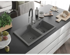 Mexen Tomas, 2-komorový granitový drez 800x500x190 mm a drezová batéria Aster, šedá, 6516-71-73450-07-B