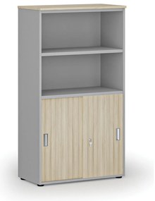 Kombinovaná kancelárska skriňa PRIMO GRAY, zasúvacie dvere na 2 poschodia, 800 x 420 x 1434 mm, sivá/dub prírodný
