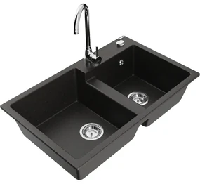 Mexen Tomas, granitový drez 800x500x190 mm, 2-komorový a chrómová batéria Telma, čierna-zlatá metalíza, 6516-75-670200-00