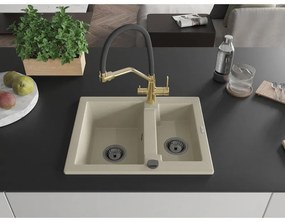 Mexen Carlos, 1,5-komorový granitový drez 582x475x177 mm a drezová batéria Duo, béžová, 6518-69-671701-57-B