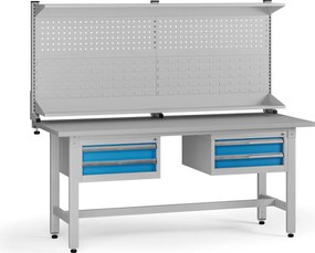 Výškovo nastaviteľný dielenský stôl G5 s nadstavbou, 1800 x 750 x 800-1000 mm, 2x kontajner, 4 zásuvky, modrá